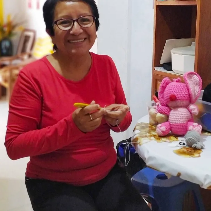 Pili tejiendo a crochet junto a un elefante amigurumi rosado